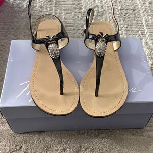 Marc Fisher Black Patent T-Strap Sandals with Rhinestone Pineapple